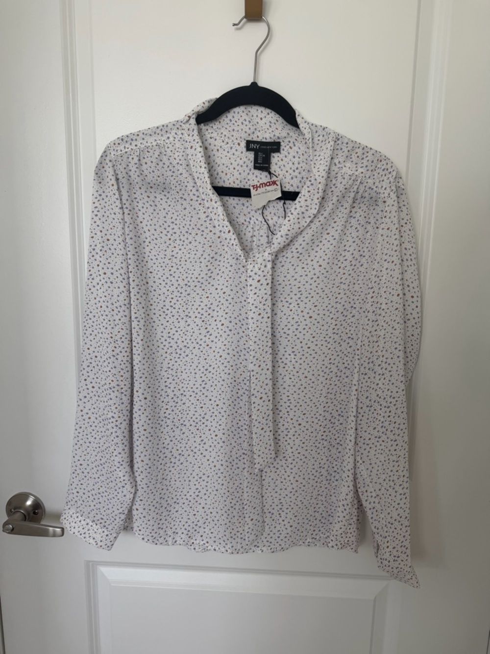 Jones New York White Blouse with Tiny Blue Floral Print Large